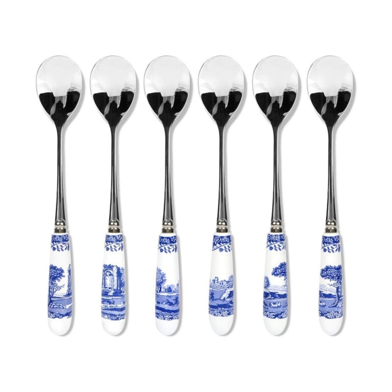 Spode Blue Italian Tea and Dessert Spoons - Set of 6 Porcelain Handle Stainless Steel Utensils - 6 Inch Flatware for Afternoon Tea, Cake, Entertaining Essentials for the Table - Image 1